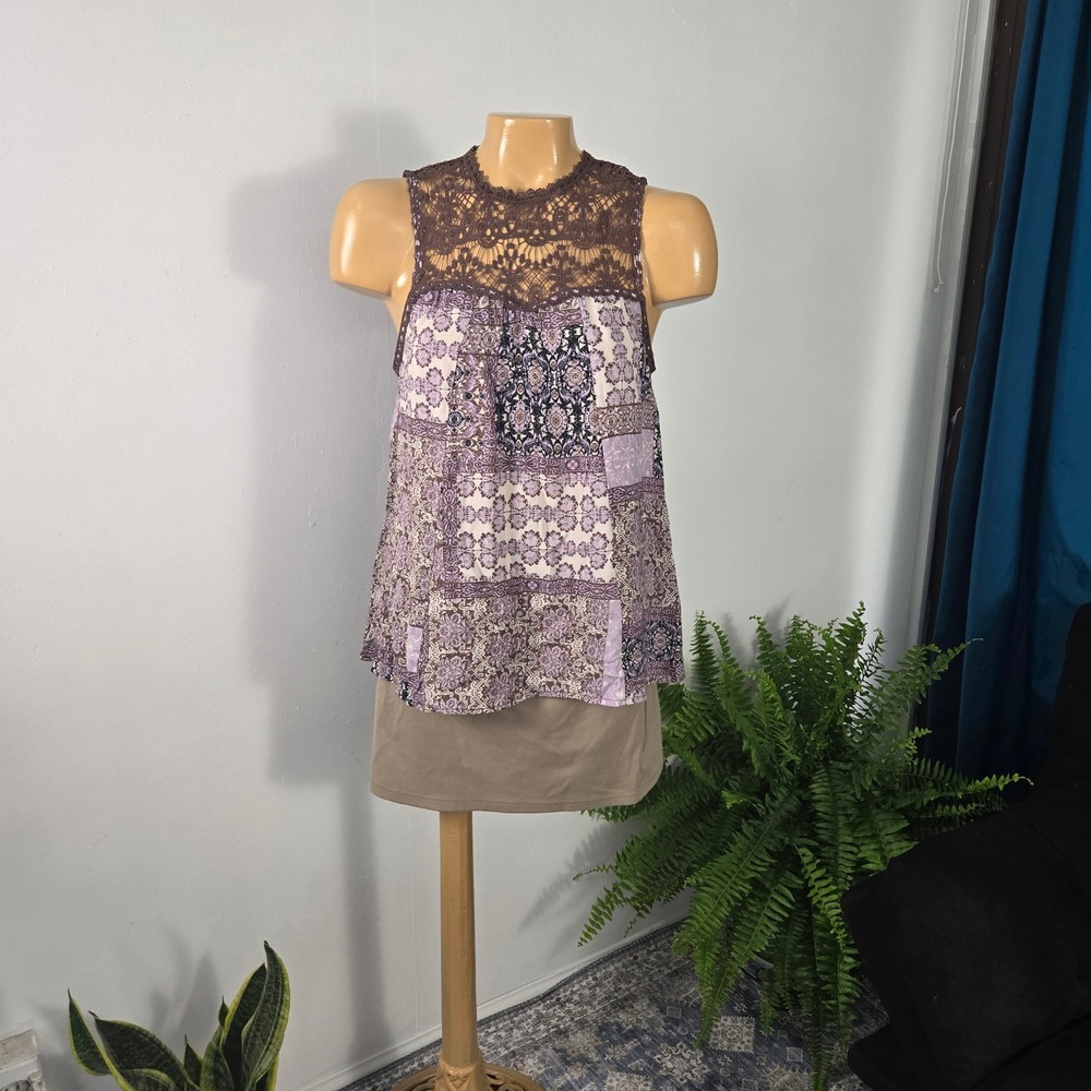 Maurices Womens Sleeveless Top Small Purple Patchwork Lace Boho New Cut Out